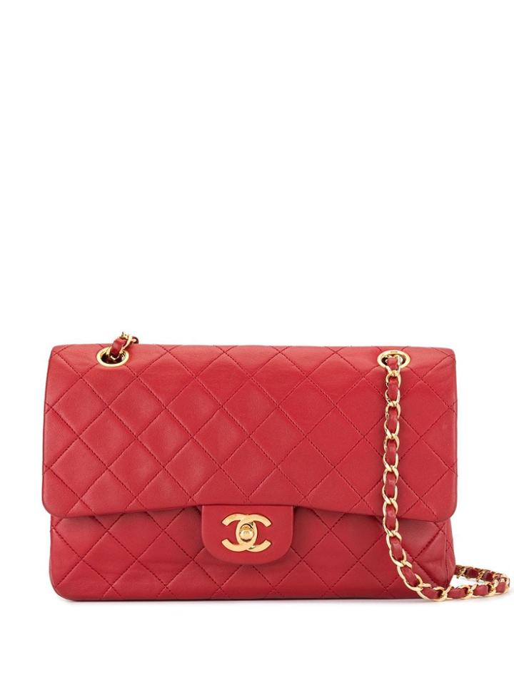 Chanel Vintage Cc Logos Double Flap Chain Shoulder Bag - Red