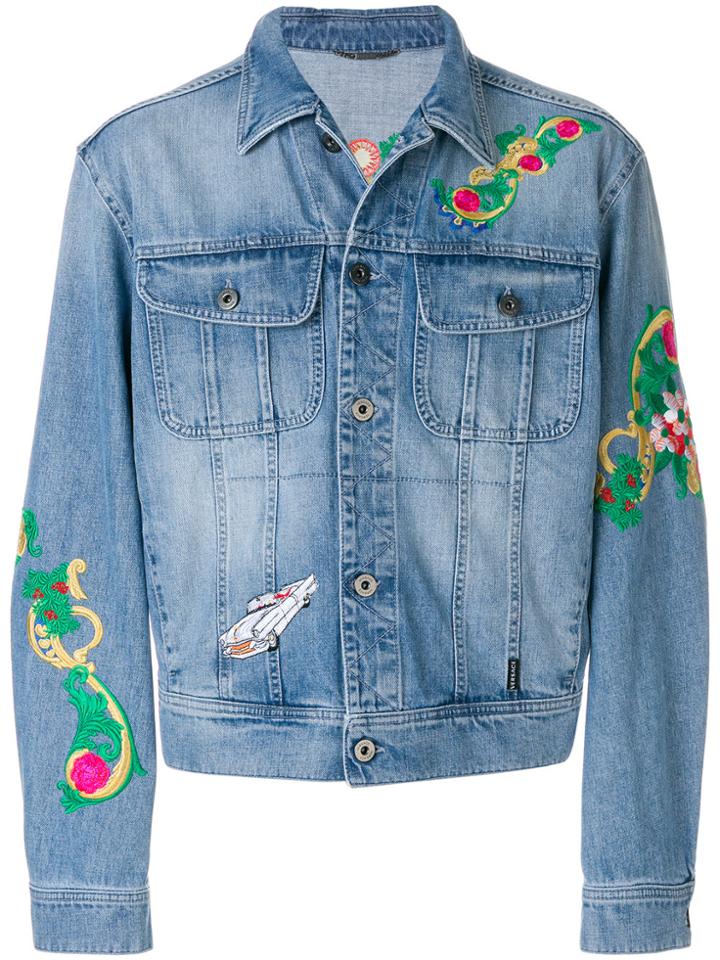 Versace Floral Embroidery Denim Jacket - Blue