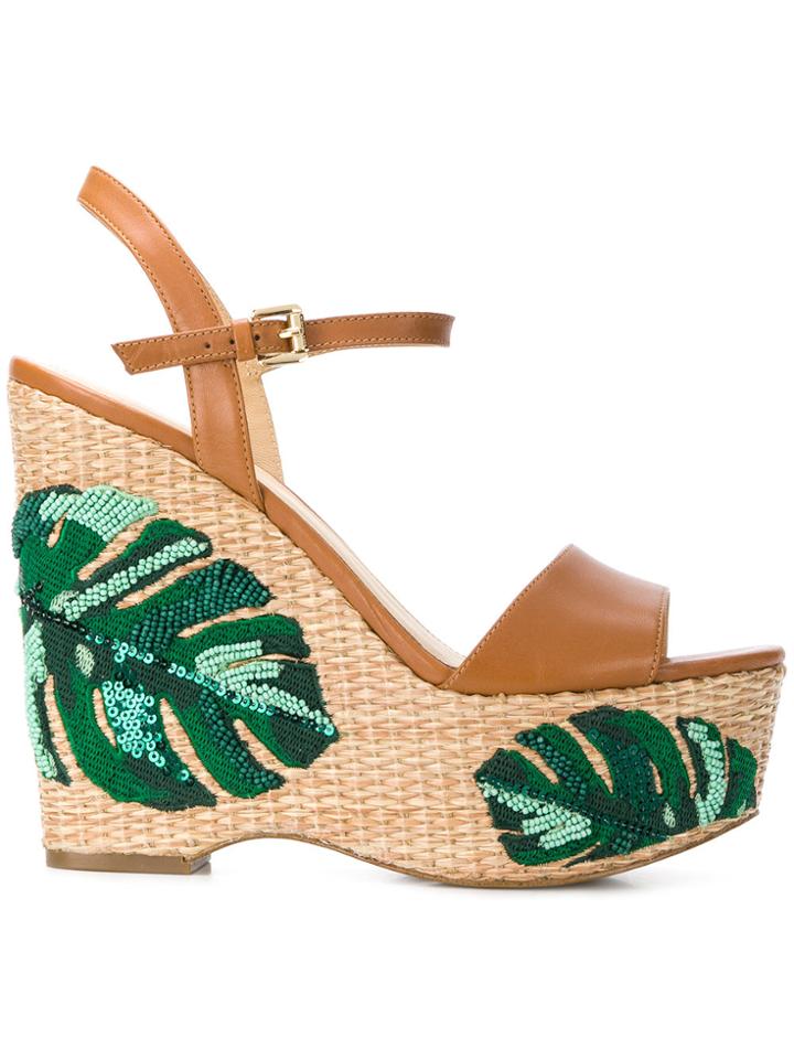 Michael Michael Kors Fisher Palm Embroidered Wedges - Brown