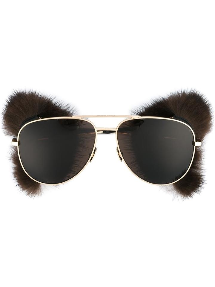 Saint Laurent Fur Panel Aviator Sunglasses, Men's, Black, Metal/rabbit Fur/leather