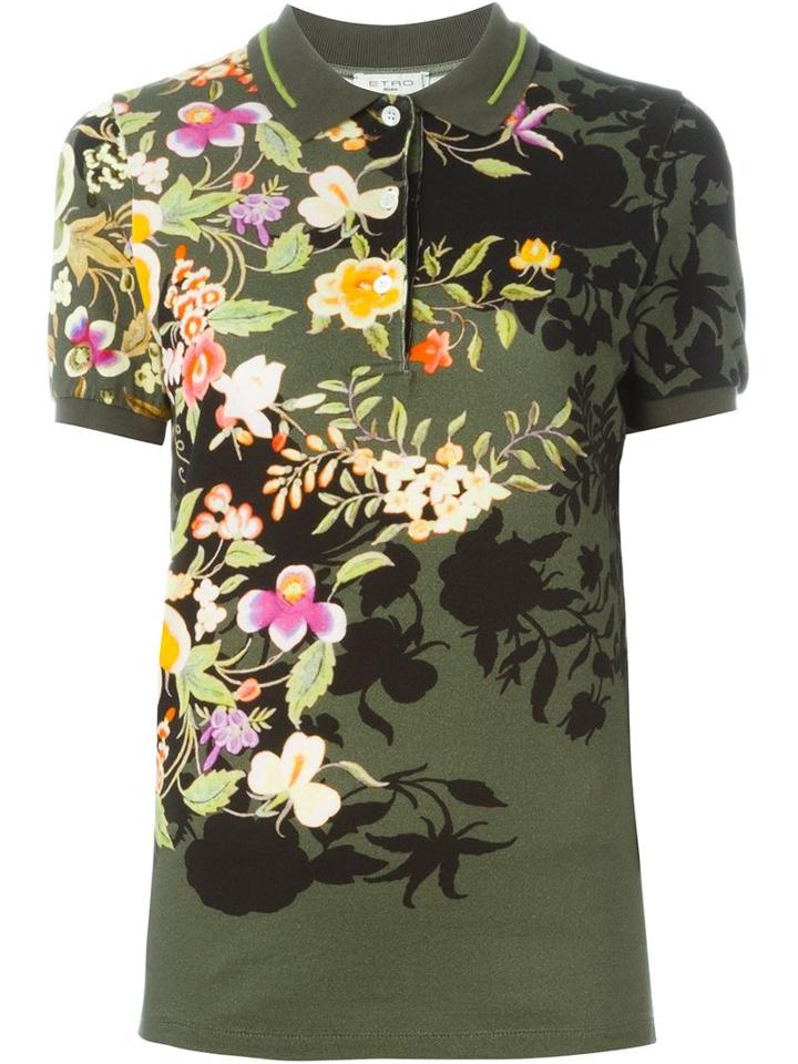 Etro Floral Print Polo Shirt, Women's, Size: 46, Green, Cotton/spandex/elastane