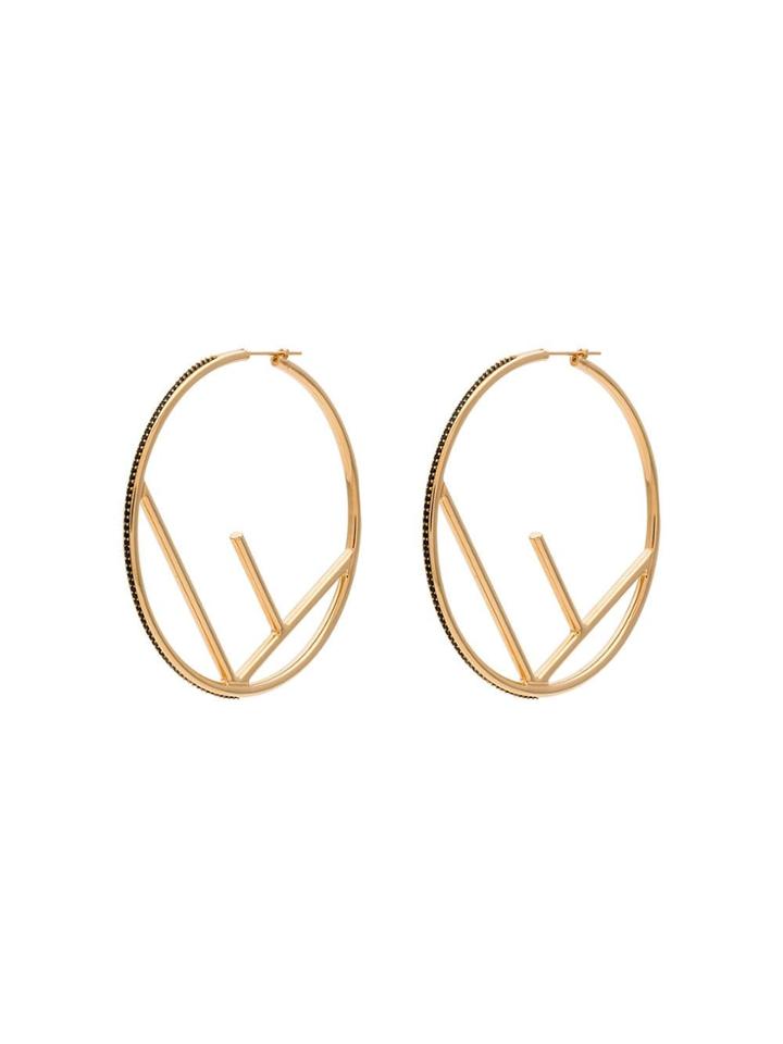 Fendi Gold F Is Fendi Large Black Crystal Hoops