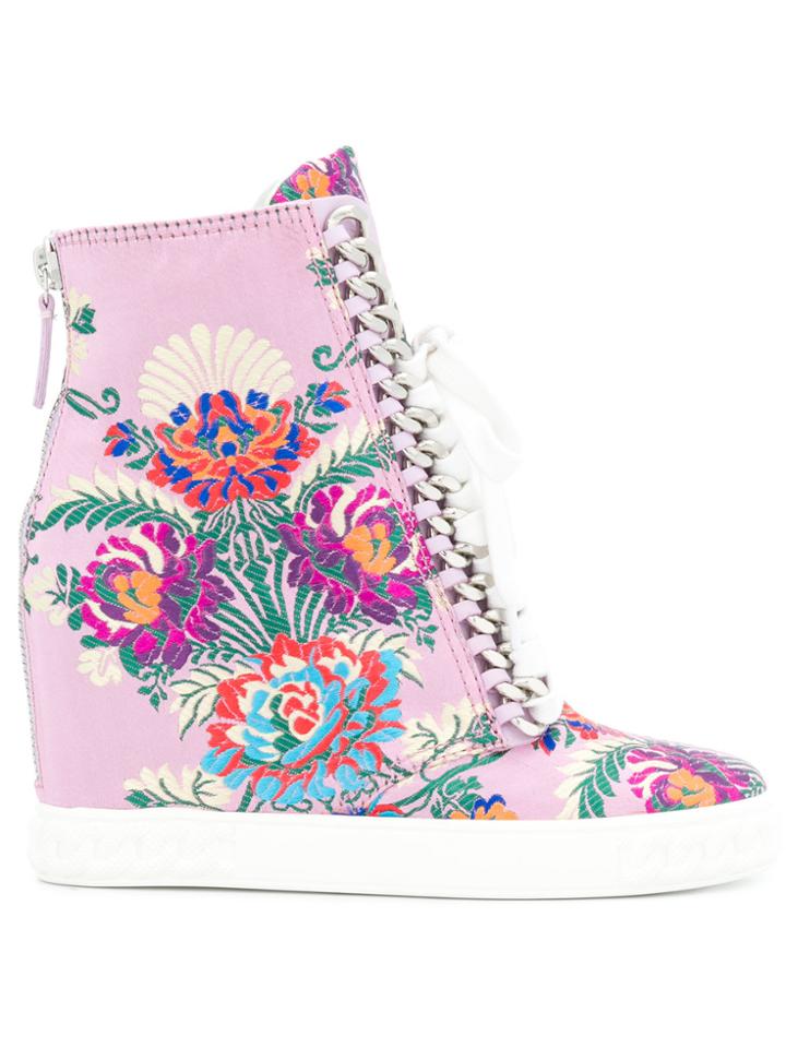 Casadei Floral Embroidered Wedge Sneakers - Pink & Purple