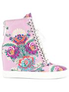 Casadei Floral Embroidered Wedge Sneakers - Pink & Purple