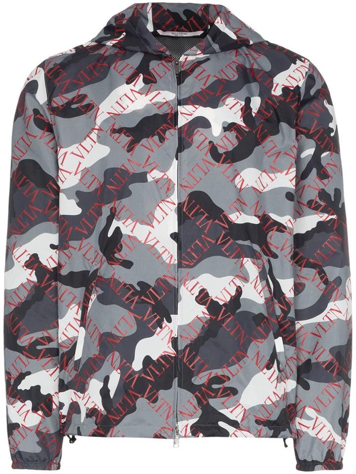 Valentino Grid Camo Print Boxy Fit Hooded Jacket - Grey