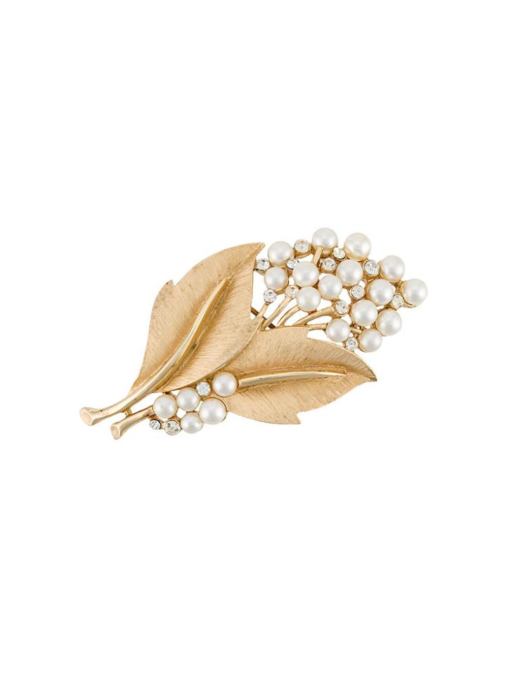 Susan Caplan Vintage 1960s Embellished Leaf Brooch - Gold