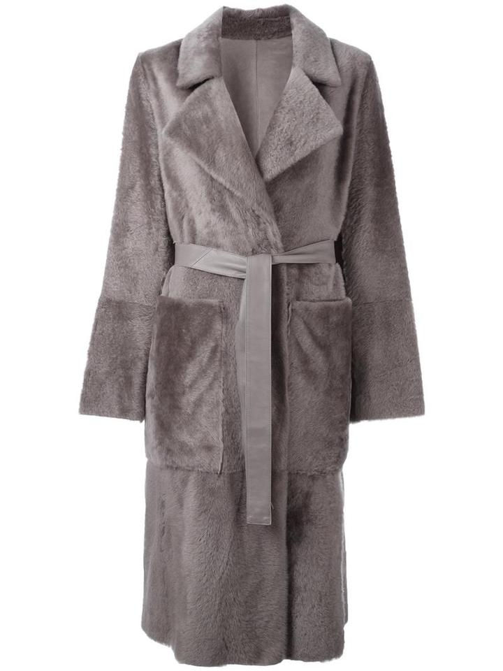 Yves Salomon Belted Mid Coat, Women's, Size: 40, Grey, Lamb Fur/lamb Skin
