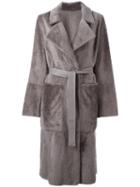 Yves Salomon Belted Mid Coat, Women's, Size: 40, Grey, Lamb Fur/lamb Skin