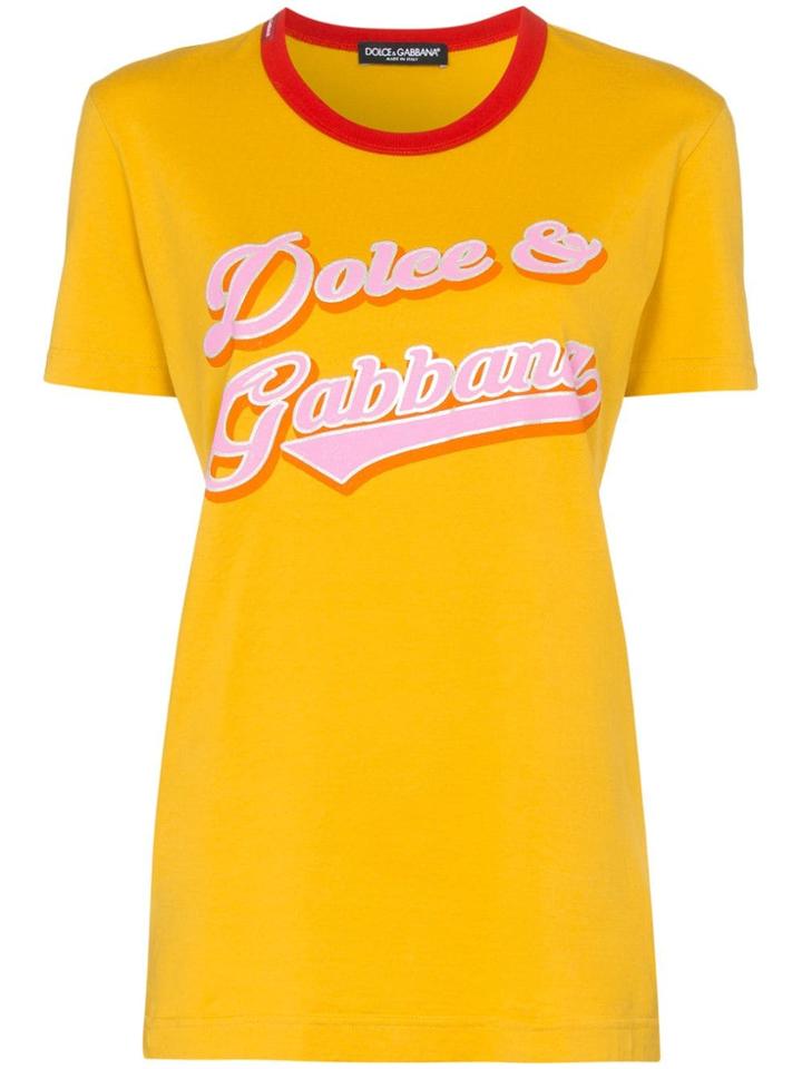 Dolce & Gabbana Contrast Crew Neck Logo Print Cotton T-shirt - Yellow