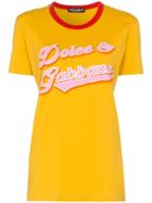 Dolce & Gabbana Contrast Crew Neck Logo Print Cotton T-shirt - Yellow