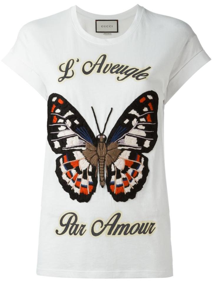 Gucci Embroidered Butterfly T-shirt, Women's, Size: Large, White, Cotton/polyester/acrylic/mohair