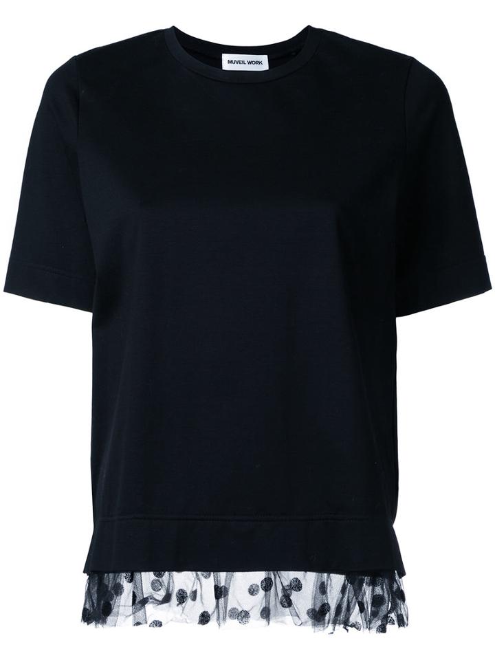 Muveil - Mesh Frill Hem Top - Women - Cotton/polyurethane - 40, Black, Cotton/polyurethane