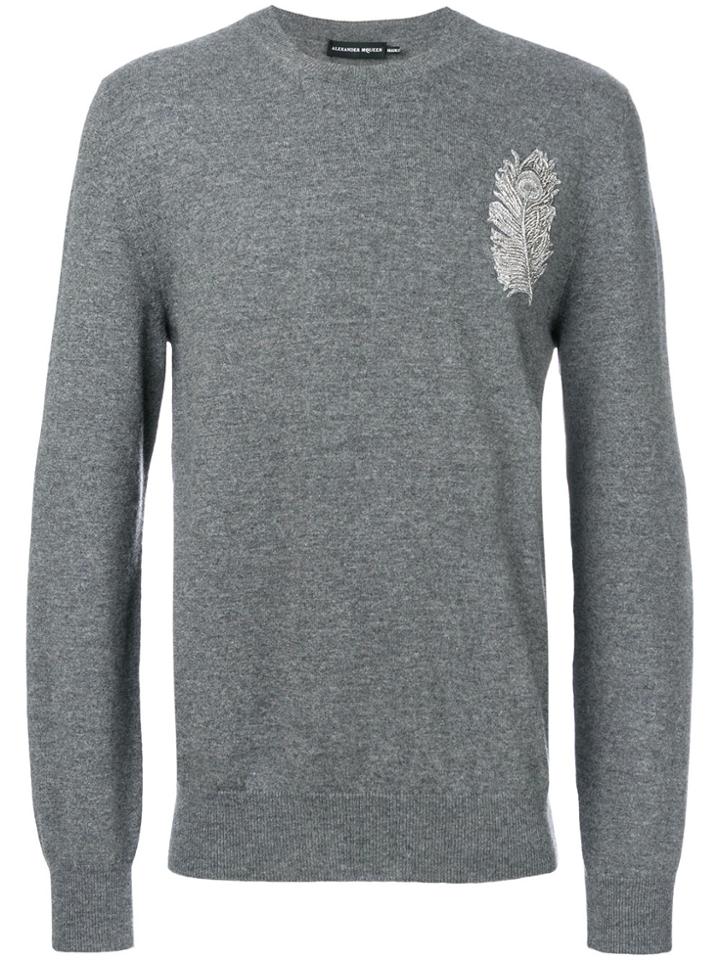 Alexander Mcqueen Peacock Feather Embroidered Jumper - Grey