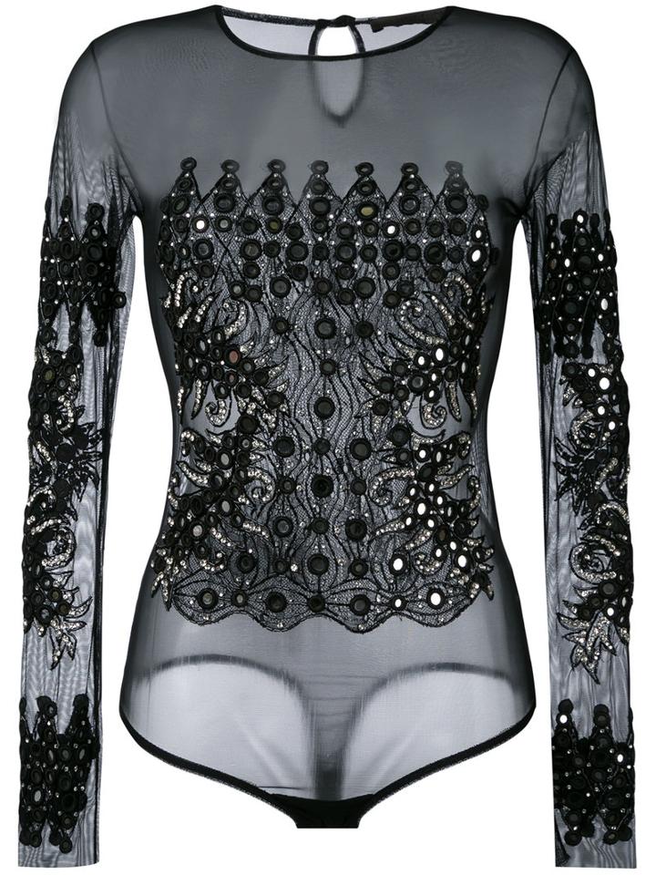 Amen - Embellished Sheer Bodysuit - Women - Polyamide/spandex/elastane/viscose/glass - 42, Black, Polyamide/spandex/elastane/viscose/glass