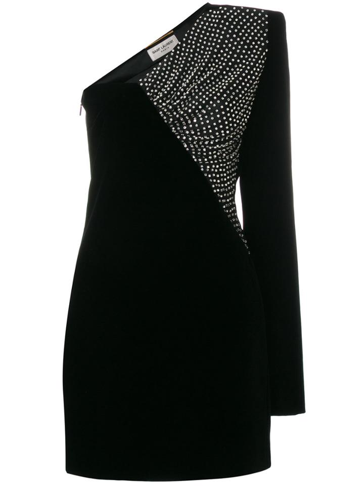 Saint Laurent Velvet Asymmetrical Mini Dress - Black