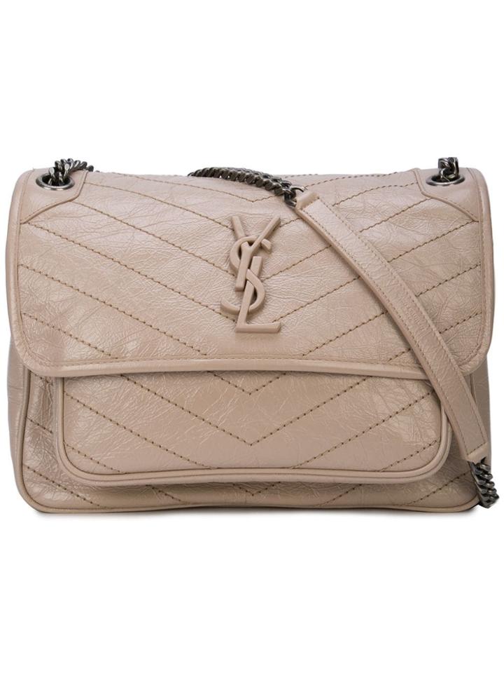 Saint Laurent Logo Weathered Shoulder Bag - Neutrals