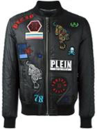 Philipp Plein Badge Appliqués Bomber Jacket, Men's, Size: Medium, Black, Nylon/polyurethane/viscose