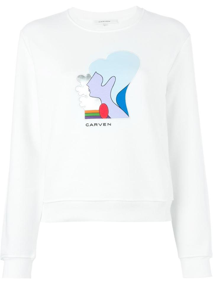 Carven Embroidered Profile Sweatshirt, Women's, Size: M, White, Cotton