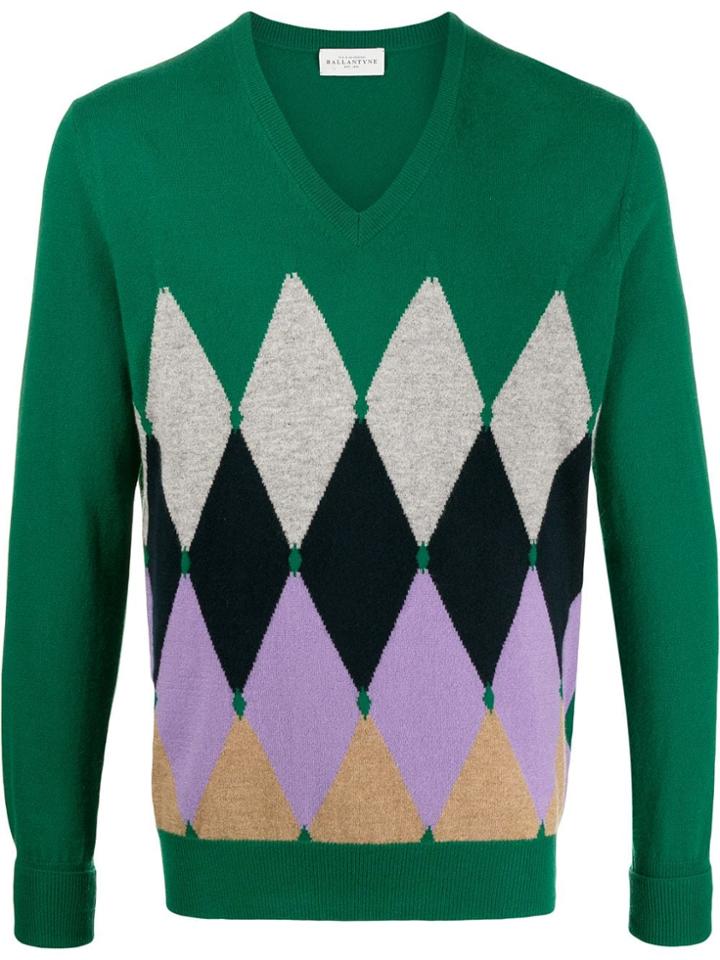 Ballantyne Argyle Knit V-neck Sweater - Green
