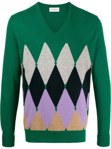 Ballantyne Argyle Knit V-neck Sweater - Green