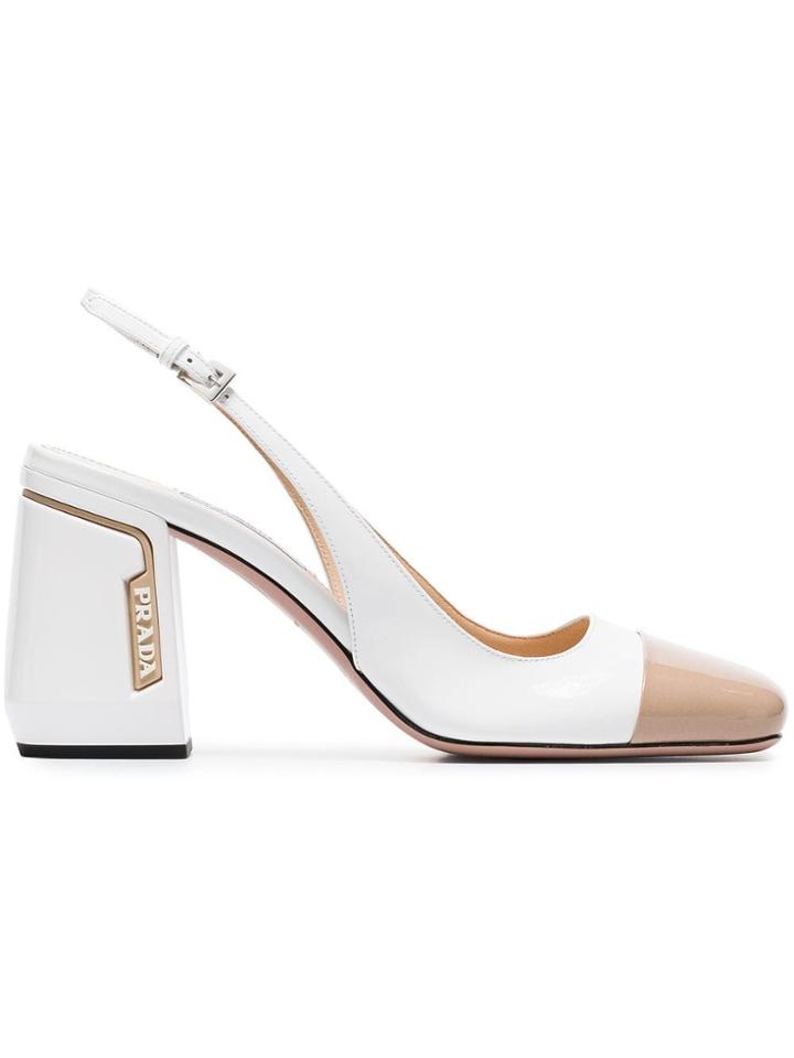 Prada White And Beige Two Tone 85 Patent Leather Slingback Pumps