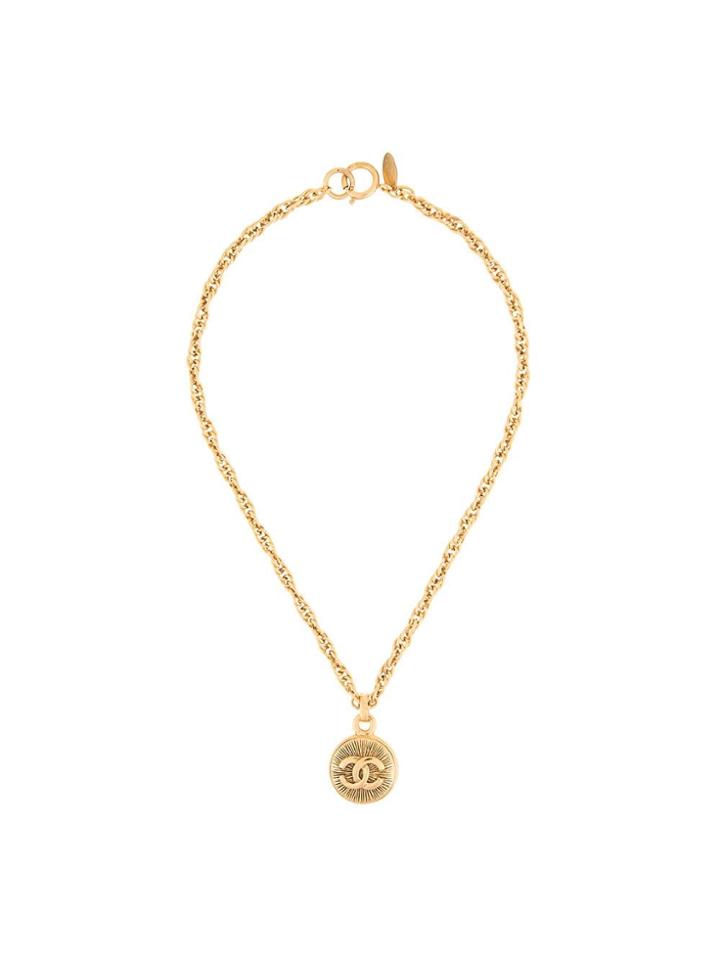 Chanel Vintage Round Logo Pendant Necklace - Metallic
