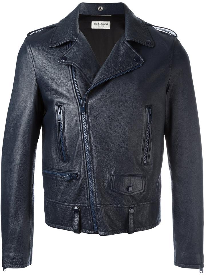 Saint Laurent Classic Motorcycle Jacket, Men's, Size: 48, Blue, Lamb Skin/polyester/cupro/cotton