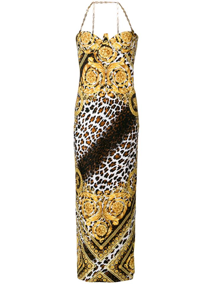 Versace Baroque And Leopard Bustier Maxi Dress - Yellow & Orange