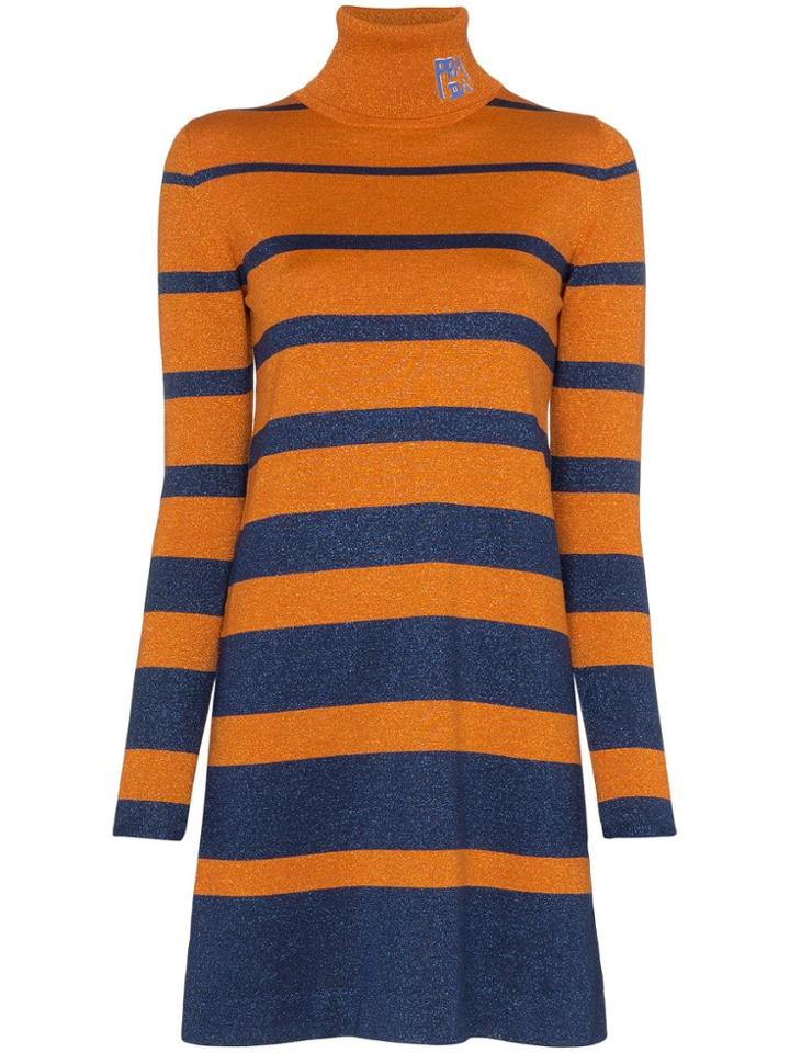 Prada Logo Turtleneck Metallic Dress - Orange