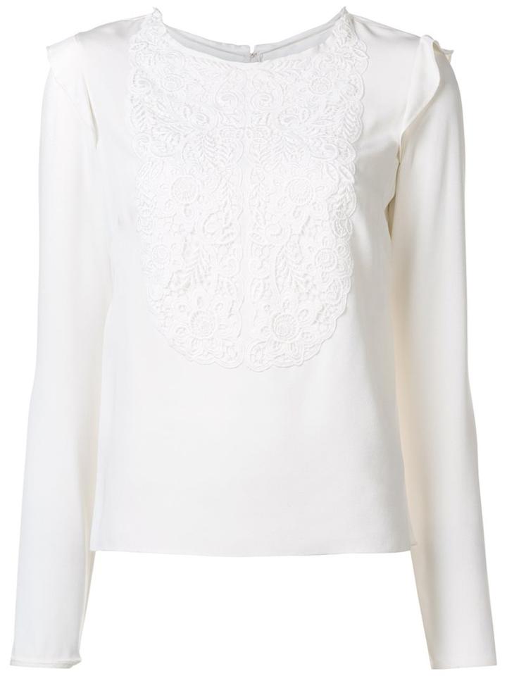 Monique Lhuillier Embroidered Bib Blouse, Women's, Size: 12, White, Silk/cotton