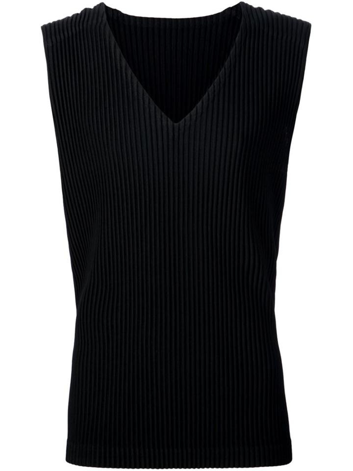 Homme Plissé Issey Miyake Pleated V-neck Tank, Men's, Size: 3, Black, Polyester