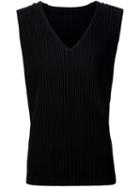 Homme Plissé Issey Miyake Pleated V-neck Tank, Men's, Size: 3, Black, Polyester
