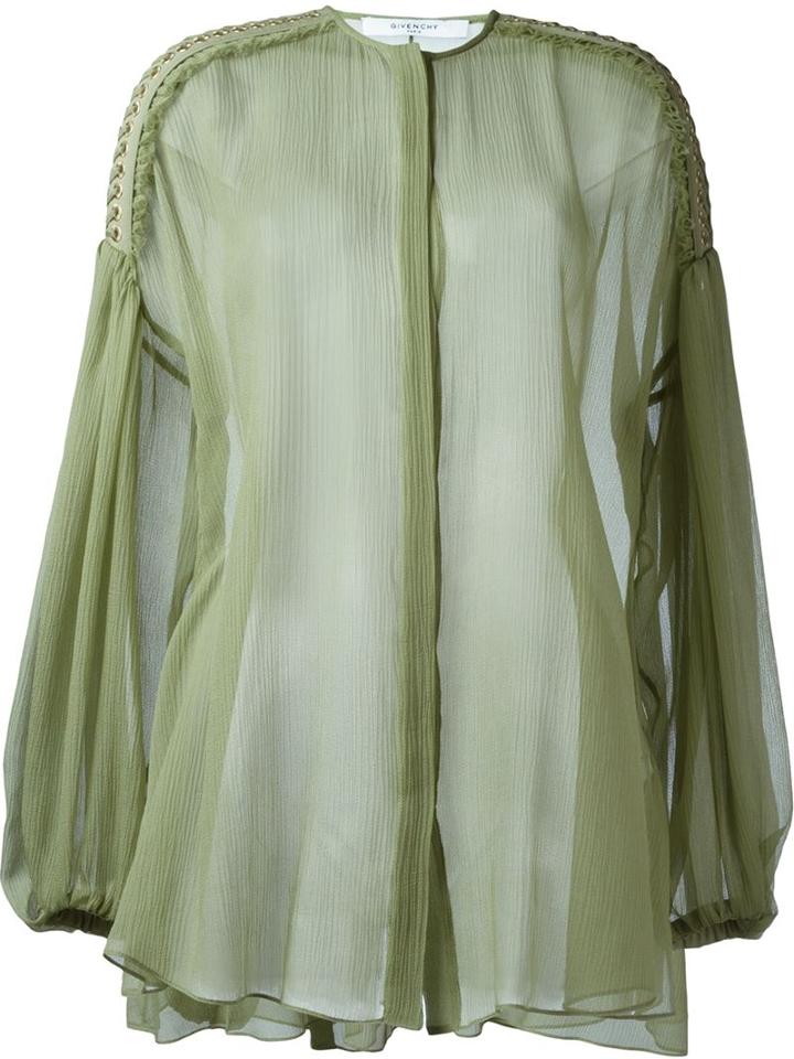 Givenchy Billowing Sleeve Sheer Blouse, Women's, Size: 36, Green, Silk/cotton