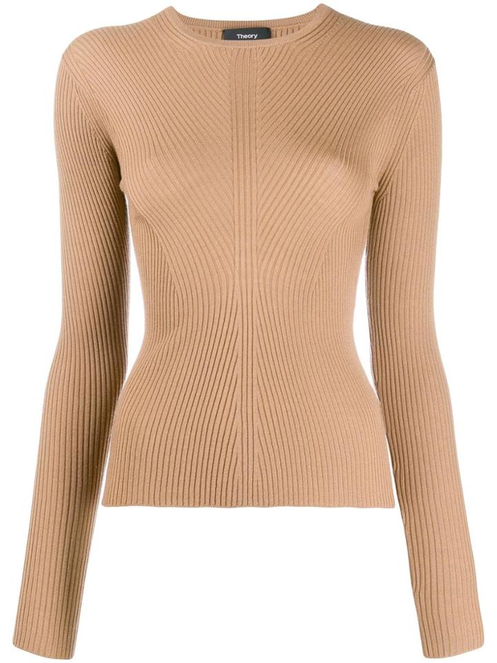 Theory Round Neck Ribbed Knit Sweater - Brown