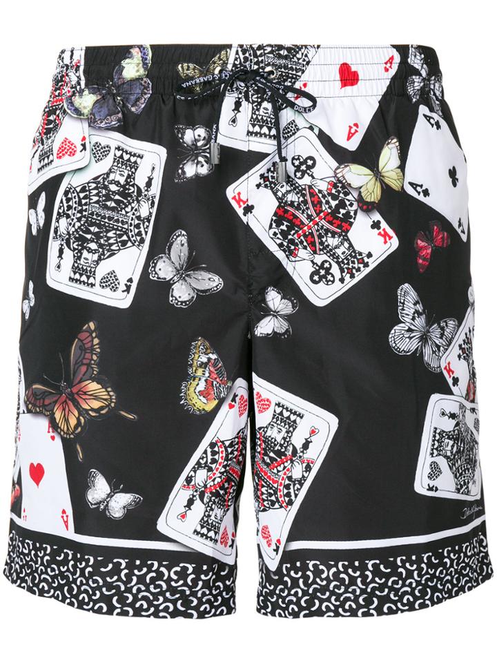 Dolce & Gabbana Playing Cards And Butterfly Print Swim Shorts - Black