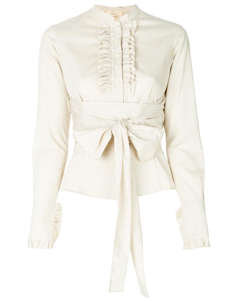 Romeo Gigli Vintage Ruffled Trim Belted Shirt - Nude & Neutrals