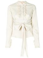 Romeo Gigli Vintage Ruffled Trim Belted Shirt - Nude & Neutrals