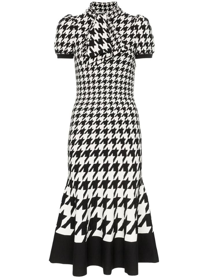 Alexander Mcqueen Tie-neck Houndstooth Midi-dress - Black