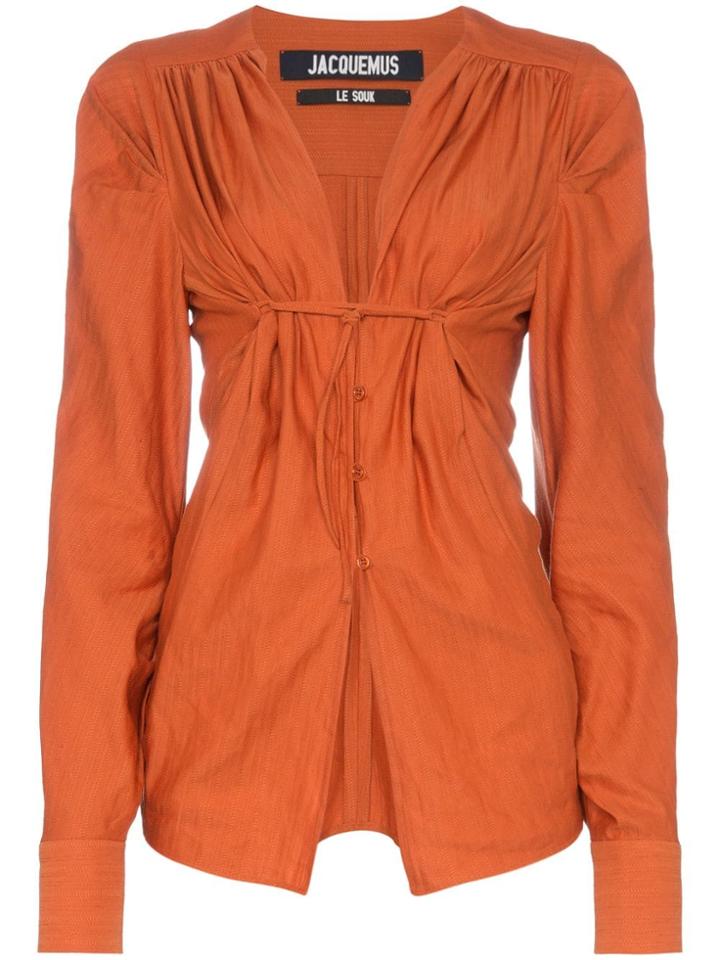 Jacquemus V-neck Ruched Cotton Linen-blend Blouse - Yellow