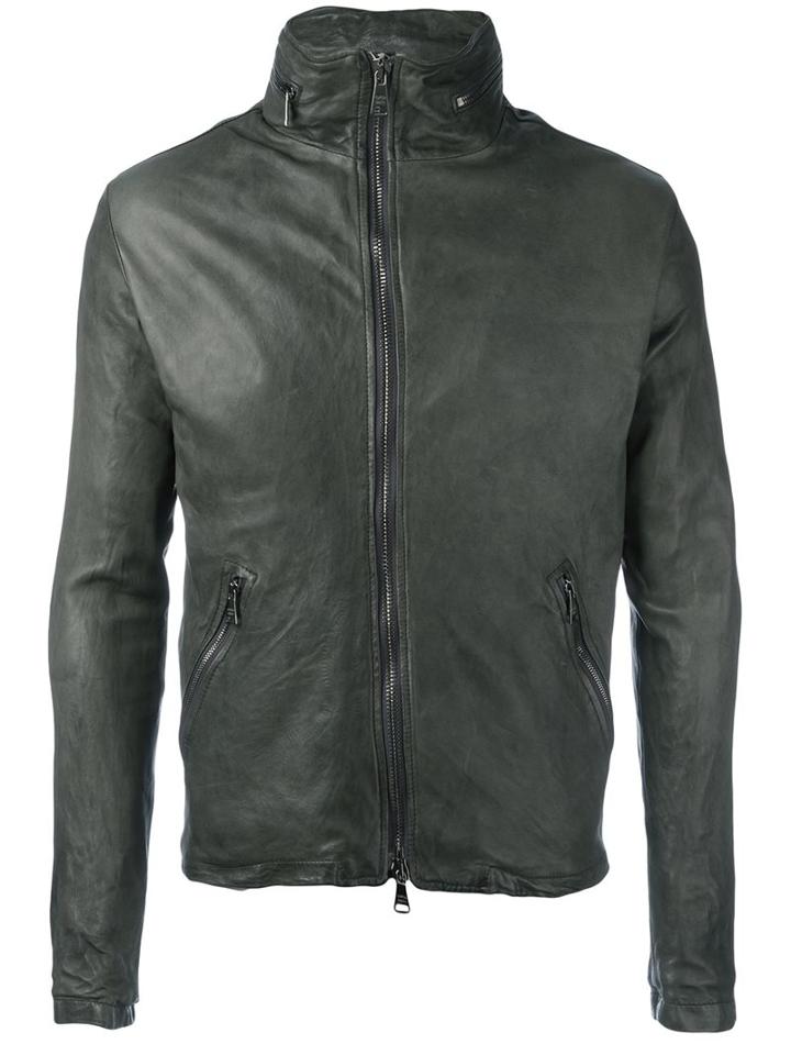 Giorgio Brato Zipped Leather Jacket, Men's, Size: 50, Green, Cotton/leather/polyester