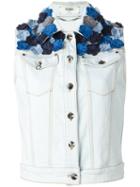 Fendi Flower Appliqué Sleeveless Denim Jacket, Women's, Size: 42, Blue, Cotton/spandex/elastane