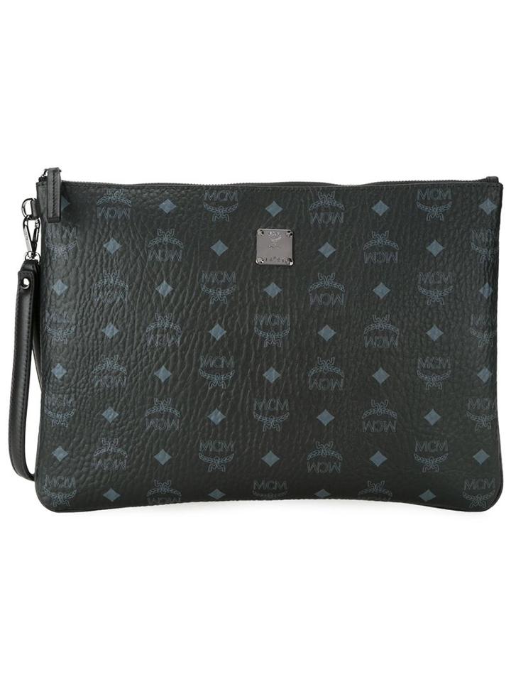 Mcm Logo Print Zip Clutch Bag, Men's, Black, Polyester