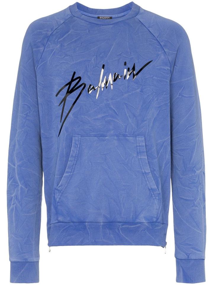 Balmain Logo Print Faded Cotton Sweatshirt - Blue