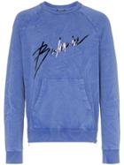 Balmain Logo Print Faded Cotton Sweatshirt - Blue