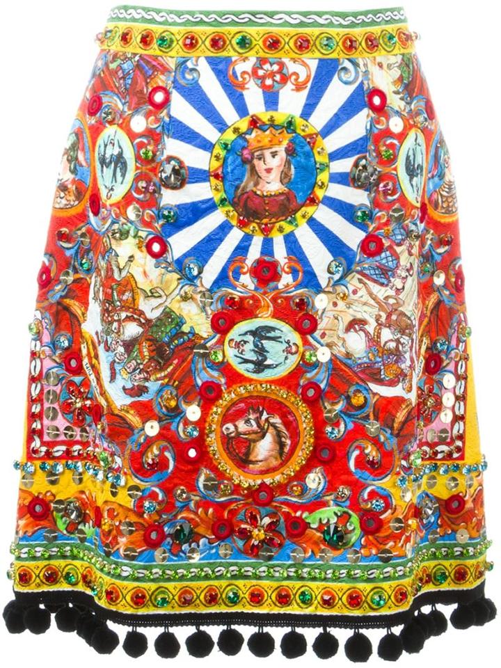Dolce & Gabbana Carretto Siciliano Print Skirt, Women's, Size: 40, Black, Viscose/cotton/silk/silk