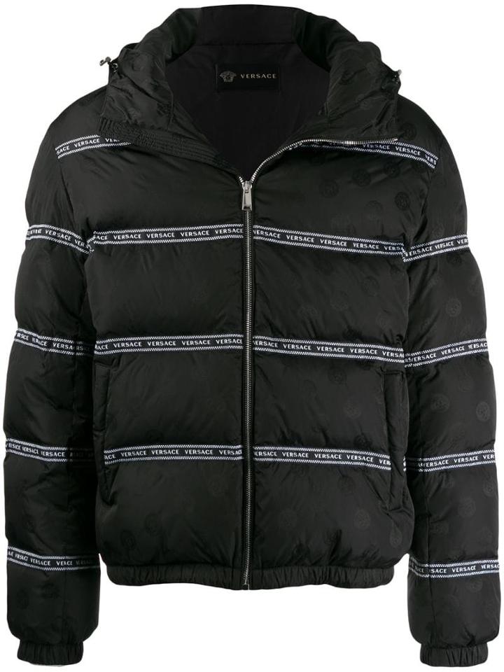 Versace Logo Stripes Puffer Jacket - Black