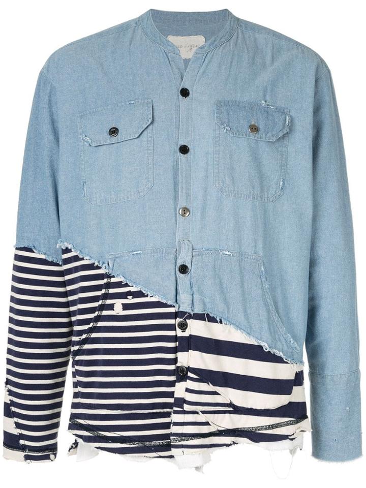 Greg Lauren Contrast Panel Distressed Denim Shirt - Blue