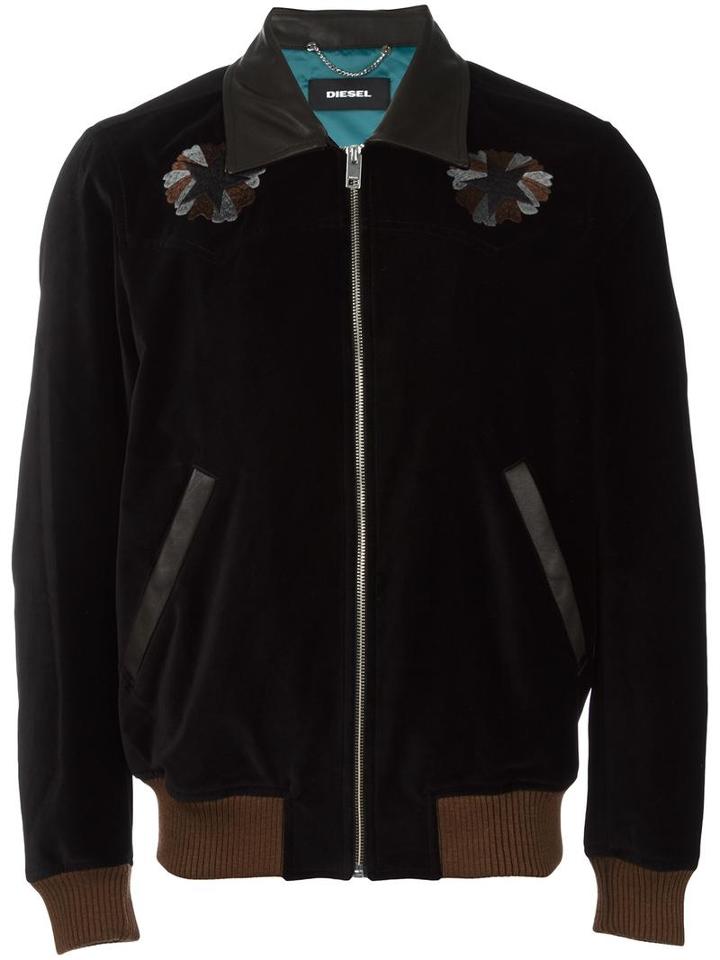 Diesel Zipped Bomber Jacket, Men's, Size: Small, Black, Cotton/lamb Skin/polyester