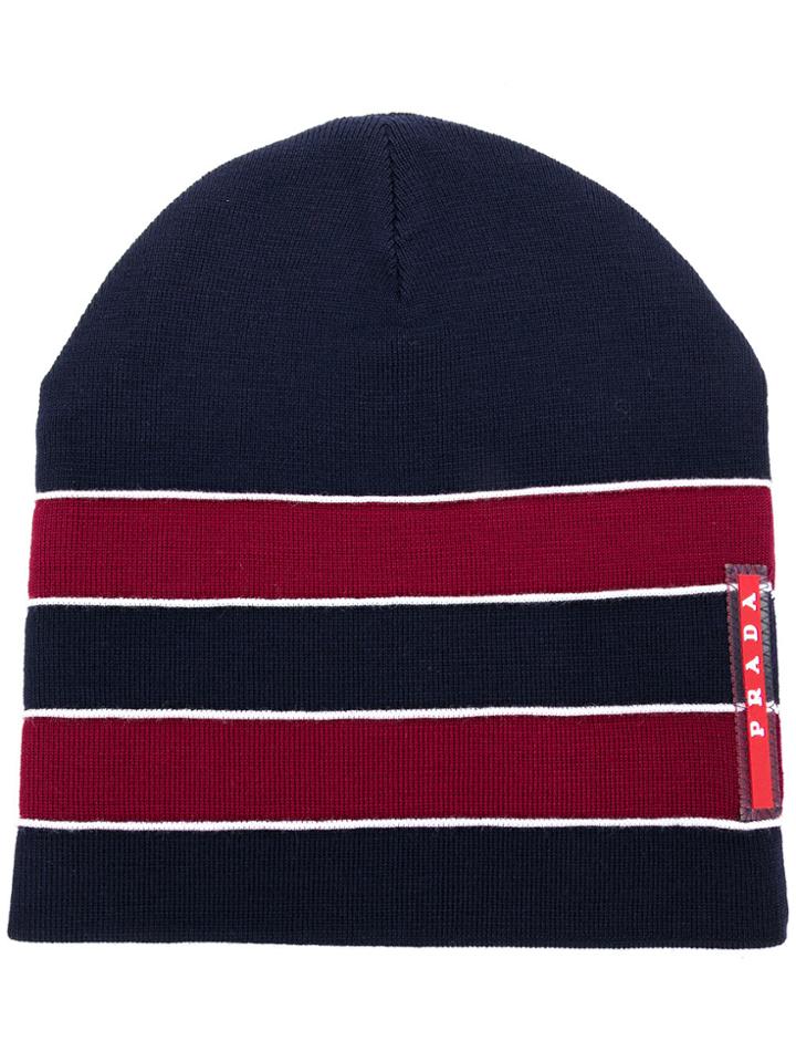 Prada Knit Striped Beanie - Blue