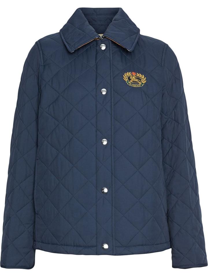 Burberry Embroidered Crest Diamond Quilted Jacket - Blue